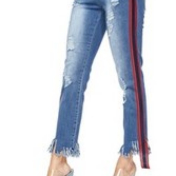 Red Stripe Distressed Fringed Jeans Juniors - Picture 2 of 5